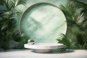 Canvas Print - Marble Podium Shines in a Luxuriant Tropical Setting, a Fusion of Elegance and Nature