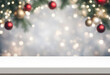 © SD Danver - Empty christmas background. Christmas tree backdrop. Xmas holiday celebration blank pedestal. White table top in front, winter celebration bokeh effect. Happy New Year banner, generated by AI
