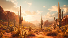 The Sun Rises Over The Desert, Casting Its Golden Light On The Cactus Spines. The Cacti Stand Tall And Proud, Like Sentinels Guarding The Land. Ai Generated.