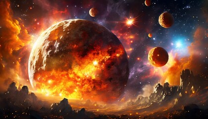 Sticker - fantasy landscape of fiery planet with glowing stars nebulae massive clouds and falling asteroids digital artwork graphic astrology magic mystical burning planet in space with asteroids