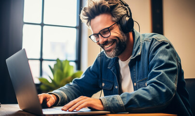 Poster - Smiling man with glasses working on a laptop in a bright office, wearing earphones and leaning forward in a casual denim jacket