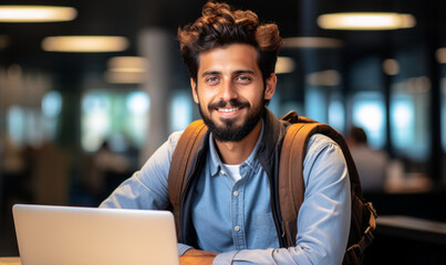 Poster - Confident and cheerful young professional man with a beard sitting at his desk with a laptop in a modern office space, looking at the camera with a friendly smile