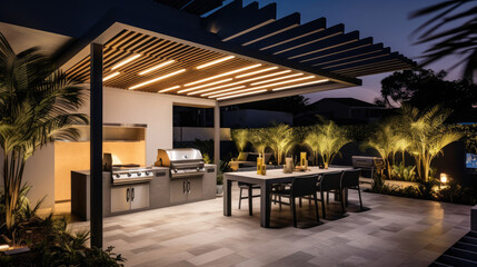 Canvas Print - Outdoor kitchen and dining area automated BBQ grills