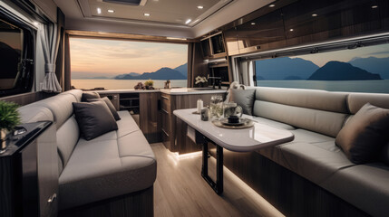 Canvas Print - Bespoke Motorhome Lounge Smart Home Integration Panoramic Views Inviting Atmosphere