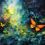 Fototapeta Pokój dzieciecy - a vivid whirlwind featuring abstract fireflies with watercolor-inspired strokes in a jungle setting