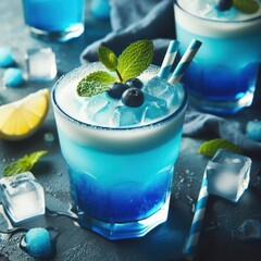 Blue drink cocktail, blue food coloring, condensed milk, mint leaves, ice, lemon soda, drinks concept, generative ai