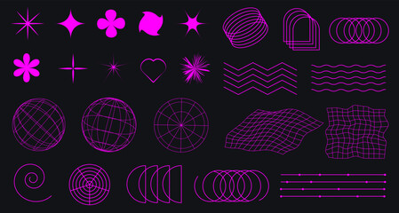 Geometry wireframe shapes and grids in neon pink color. 3D hearts, abstract backgrounds, patterns, cyberpunk elements in trendy psychedelic rave style. 00s Y2k retro futuristic aesthetic.