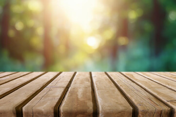 Wall Mural - Wooden table or surface with blurred summer forest background