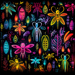 Sticker - a pattern featuring a dance of vivid tribal motifs and abstract fireflies, forming luminous trails and dynamic compositions