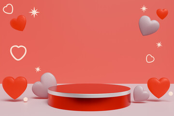 Poster - Valentine's day, birthday, mother's day. Podium for product advertising with hearts. 3D rendering