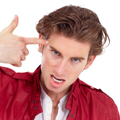 Wall Mural - Portrait, finger gun and crazy with a man in studio isolated on a white background for anger or frustration. Fashion, temple or problem and an aggressive young person pointing to his face or head