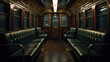 Moody vintage subway car with burgundy seats aged advertisements and amber lighting