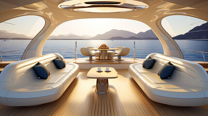 Canvas Print - Luxury yacht interior with sea views navy-blue palette plush seating and golden lighting