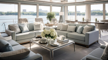 Canvas Print - Luxurious river cruise boat lounge with panoramic views soft blues and plush seating