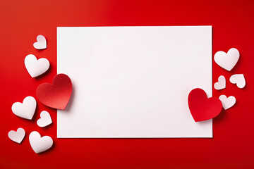 Wall Mural - White sheet mockup on red Valentines Day background with hearts.