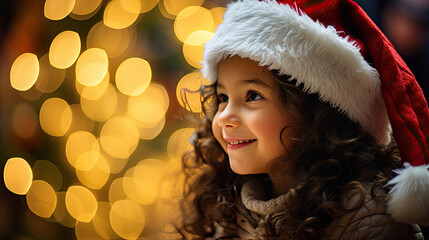 Wall Mural - Delighted child in Santa hat by Christmas tree magical atmosphere warm fairy lights