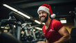 Joyful fitness enthusiast in Santa hat working out in brightly lit gym