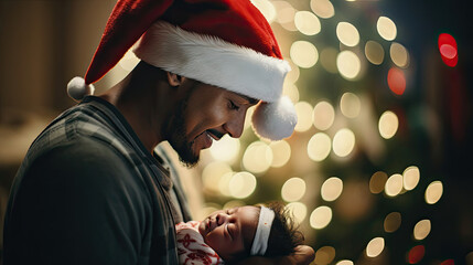 Wall Mural - Happy parent in Santa hat cradling newborn in softly lit nursery