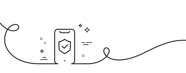 Poster - phone protection line icon. continuous one line with curl. cyber defence sign. security shield symbo