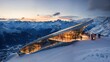 restaurant panoramique d'altitude en position dominante au sommet des montagnes enneigées