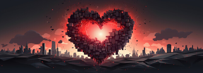 Red pixelated heart on pink background. Abstract grid background made of rounded squares.