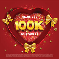 Canvas Print - Thank you 100k followers, social media followers celebration vector template with red love box and gold ribbon