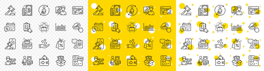 Poster - Outline Discounts calendar, Checklist and Web report line icons pack for web with New star, Auction, Loyalty card line icon. Presentation board, Money profit, Money diagram pictogram icon. Vector