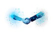 Digital handshake with blue network connections on white background