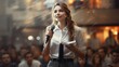 © jp - Jeune femme avec micro en pleine conférence ou séminaire