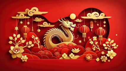 Wall Mural - Chinese New Year background. with Zodiac Year of the Dragon Chinese new year theme decoration with Chinese lantern, plum blossom and auspicious clouds in paper cut style.