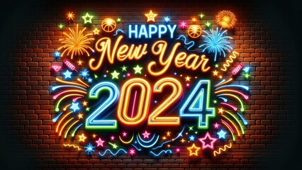 Wall Mural - Happy New Year 2024 background, A brick wall with neon sign with fireworks Happy New Year 2024 on dark brick wall background.