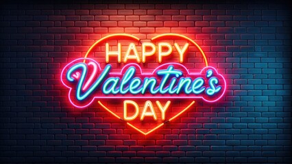 Wall Mural - Happy Valentine's Day background, A brick wall with neon sign Happy Valentine's Day on dark brick wall background.