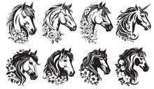 Set Of Horse Heads With Flowers, Vector Illustration Silhouette Laser Cutting Black And White Shape