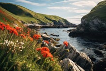 A Beautiful Bay With A Rocky Shore And Wildflowers.