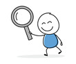 Hand drawn magnify glass symbol. Funny concept with a stickman holding icon. Cartoon style design. Vector illustration