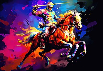 Wall Mural - Painting depicting a rider in knight's armor and sword attacking an enemy. Medieval warrior on horseback. Illustration for cover, card, postcard, interior design, poster, brochure or presentation.
