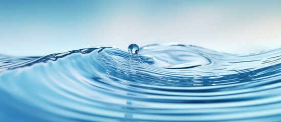 Closeup macro transparent water drop with ripples and waves isolated on a blue background