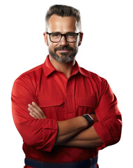 Confident Mechanic Standing Arms Crossed Against isolated cutout PNG on transparent background.