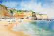 Beach in Algarve, Portugal. Watercolor illustration of beach with rocks.