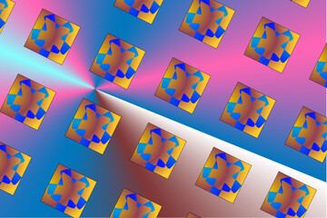 Golden square holding a blue digital symbol on a metallic colored backdrop