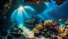 An Ancient Shipwreck Is Explored By A Diver At The Bottom Of The Sea, An Underwater Journey Among The Great Barrier Reef; Around Tropical Fish, Bright Corals
