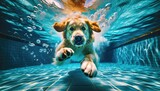 Fototapeta  - A playful golden retriever dog swims underwater, directly towards the viewer. 