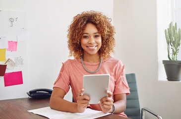 Poster - Portrait, woman or happy designer with tablet for research, technology or analysis online on website. News, email or person working stats update on internet or app with smile in startup or office