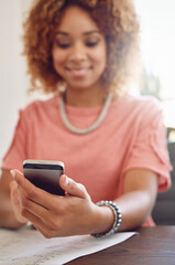 Poster - Communication, news or designer with phone for social media, technology or typing online on web. Business, networking or happy woman in office texting on blog for update or research on mobile app