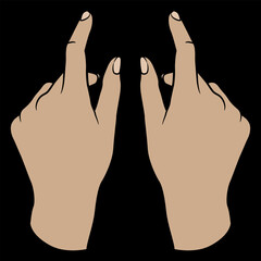 Two beautiful female hands in elegant gesture with pointing index fingers. Show size or distance between. Cartoon style. On black background.