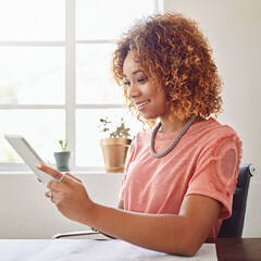 Poster - News, happy woman or designer with tablet for research, technology or analysis online on website. Reading data analytics, email or person working stats update on internet or app with smile in startup