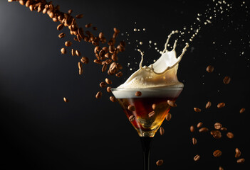 Poster - Espresso Martini drink with splashes and falling coffee beans on a black background.