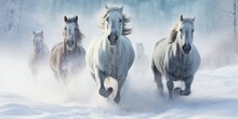 Snowflakes Swirl Around Spirited Horses Galloping Freely Across A Wintry, Untouched Landscape.