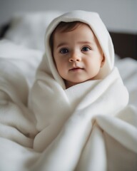 portrait of cute little american baby kid wrapped in soft white blanket on a bed