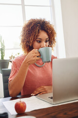 Fototapete - Coffee, happy woman or designer with laptop for research, technology or stats analysis on website. Data analytics, typing or female person in office drinking tea, working on update or reading news